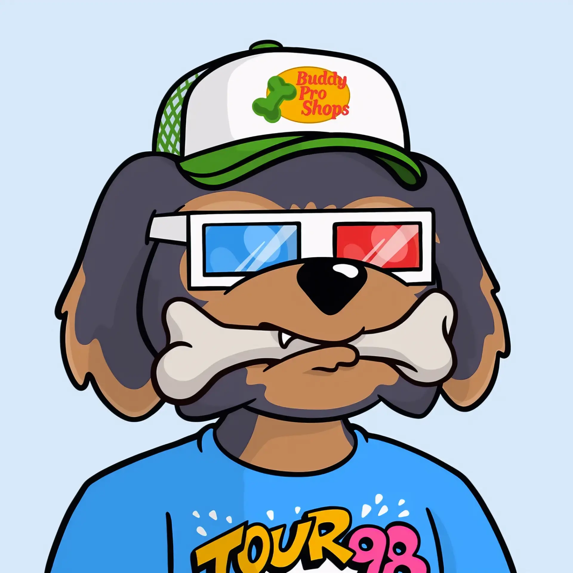 BODOGGOS NFT — dog with 3D glasses, bone in mouth and Buddy Pro Shops cap