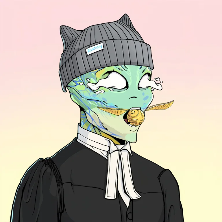 Anomaly NFT — green alien character with grey cat-ear beanie and black suit