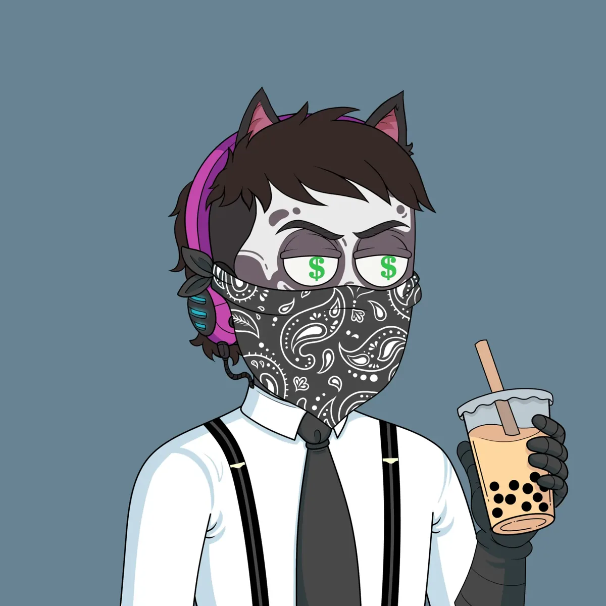 The Conmen NFT — masked cat character with bandana, headphones and bubble tea