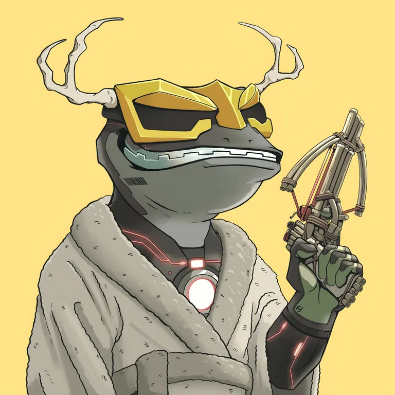 Cyber Frogs NFT — frog with antlers, gold visor and fur coat holding a bow