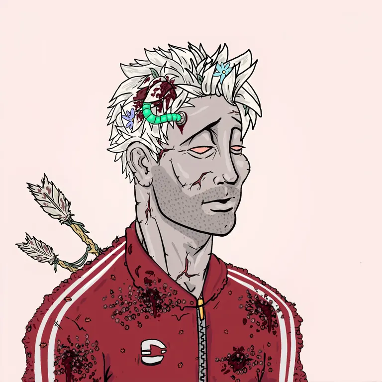 DeGods NFT — grey skinned character with white hair and red track jacket