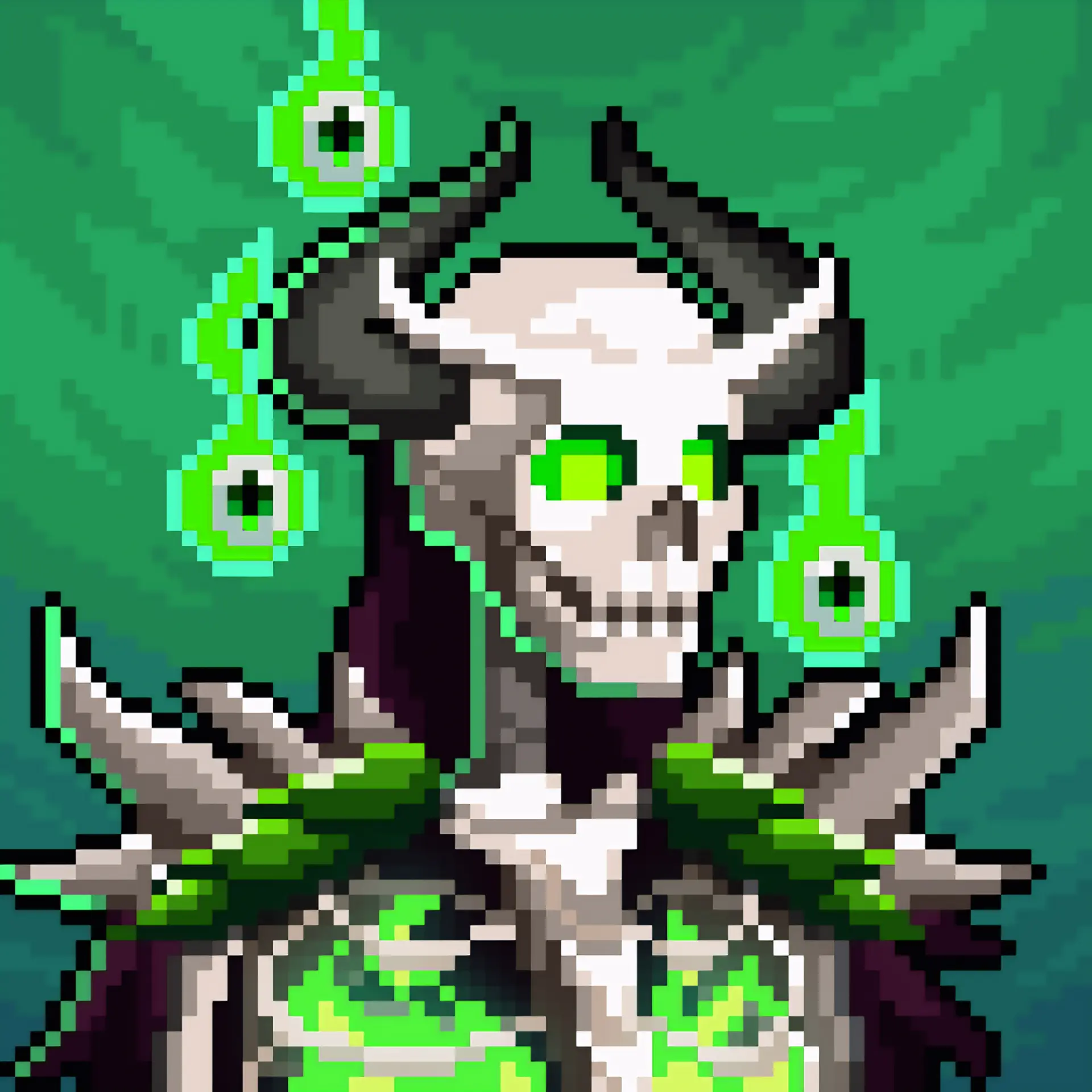 Dead King Society (Nobles) NFT — pixel art skeleton king with green glowing eyes and floating runes