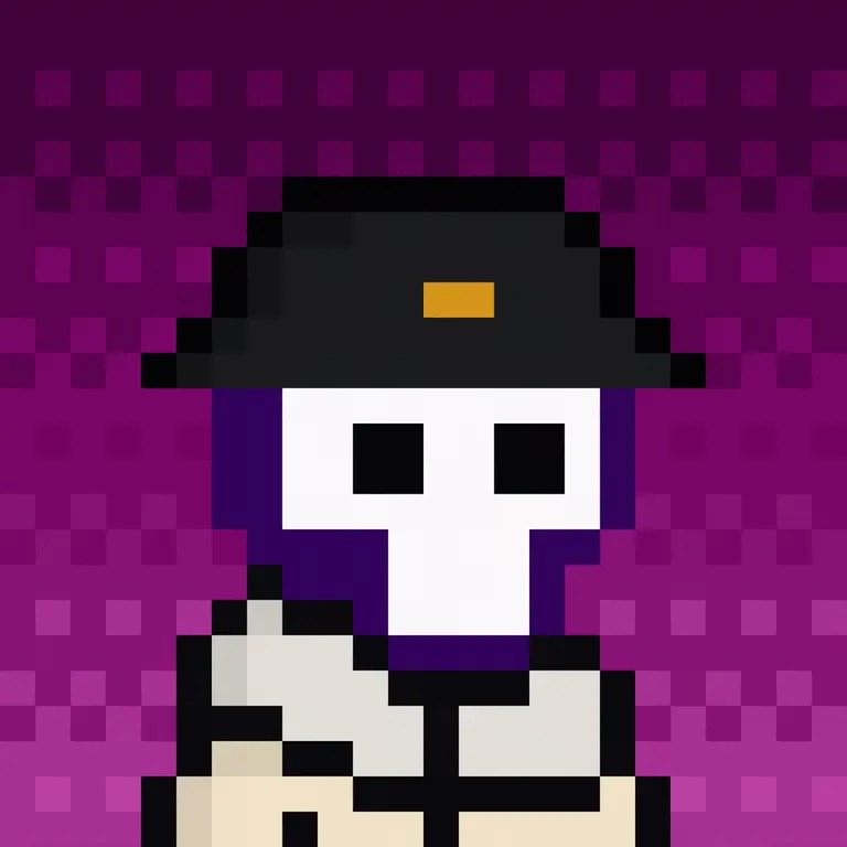 Ghost Kid NFT — pixel art ghost with black cap on purple background