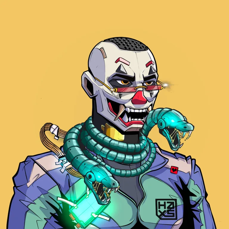 HAXZ NFT — cyberpunk character with white oni mask and teal robotic snakes