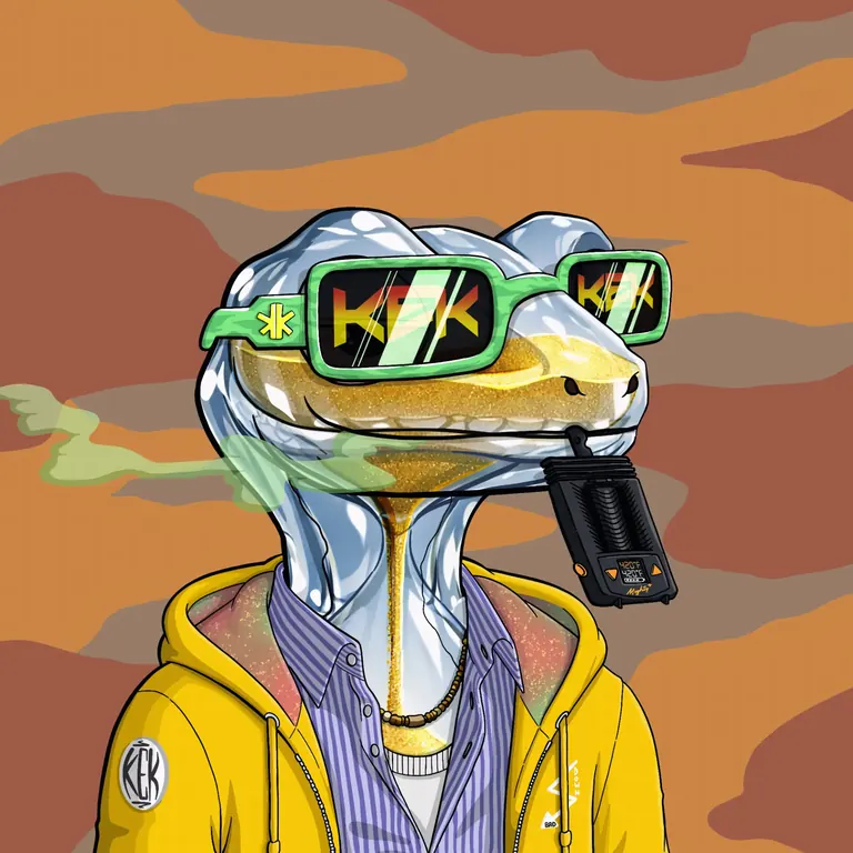 KEK NFT — white lizard with green KEK sunglasses and yellow hoodie