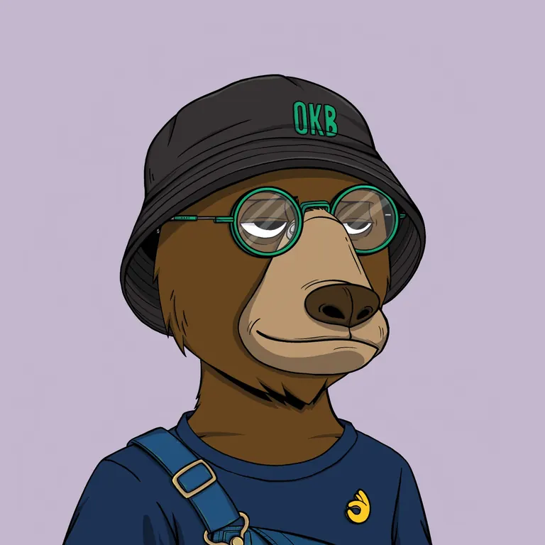 Okay Bears NFT — bear with black OKB bucket hat and green round glasses