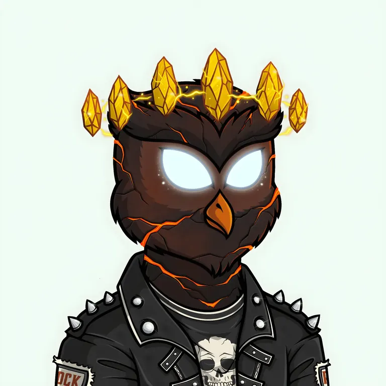 Ovols NFT — dark owl with glowing crystal crown and spiked leather jacket