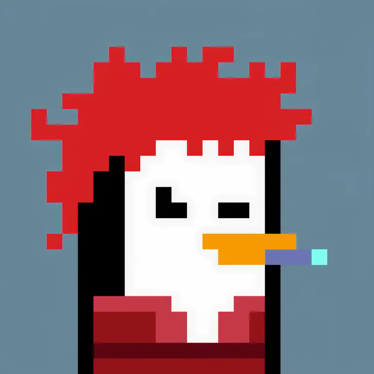 Pesky Penguins NFT — pixel penguin with red hair smoking a cigar