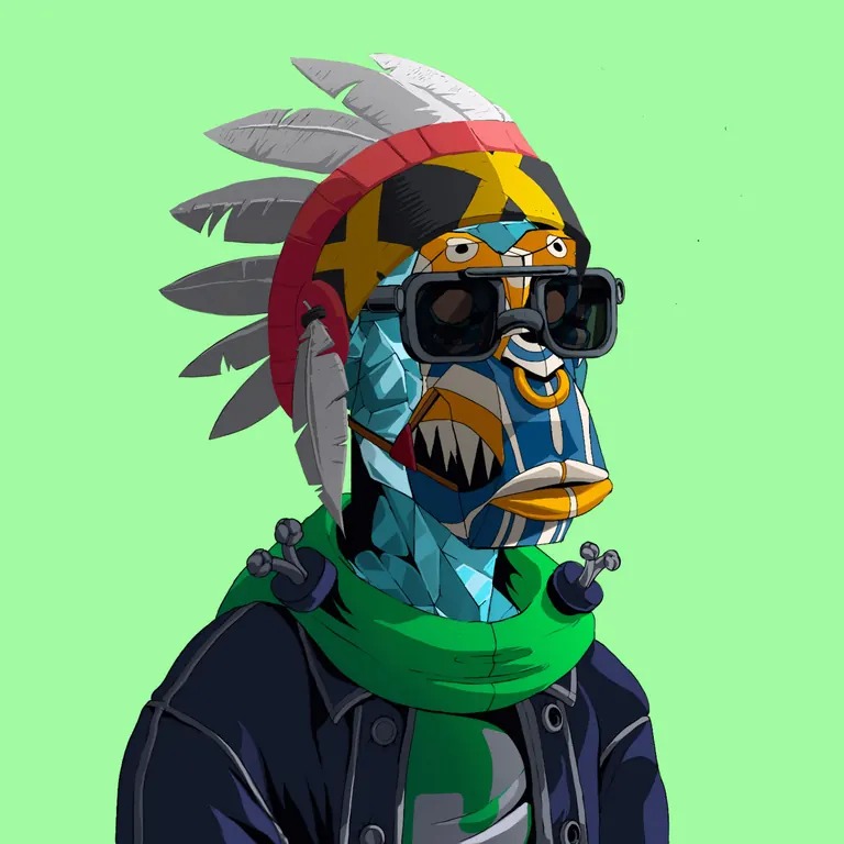 Primates NFT — geometric ape with feather headdress and goggles on green background