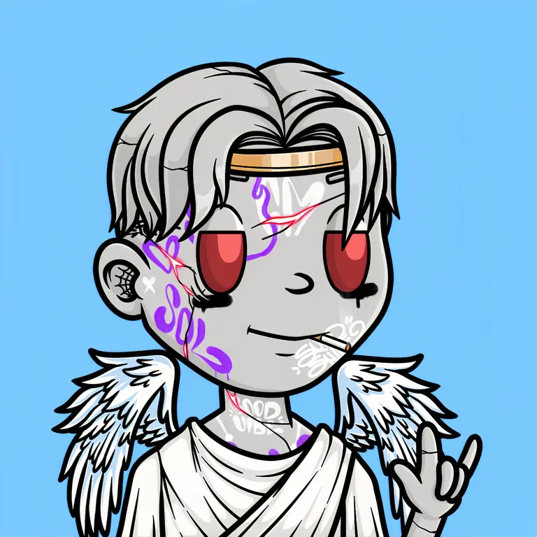 Pythenians NFT — grey angel character with white wings and purple graffiti tattoos