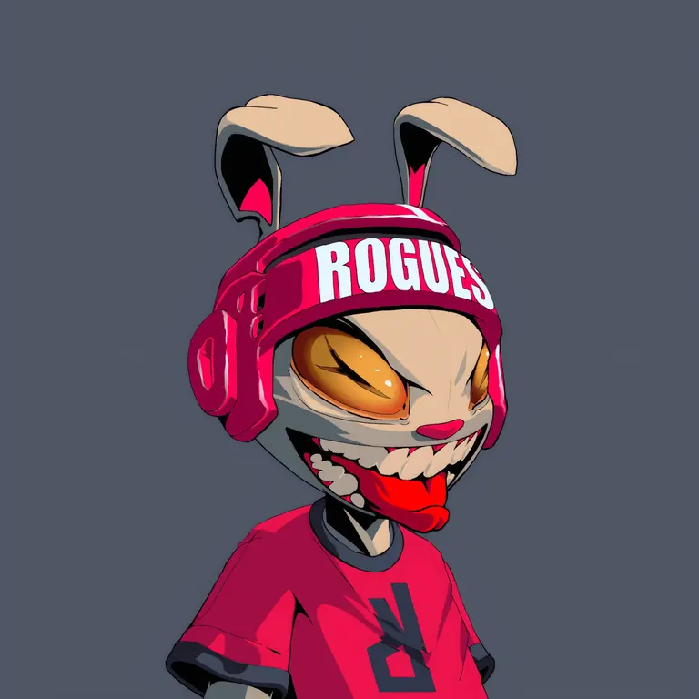 Rogues NFT — rabbit character with pink helmet and grin on grey background