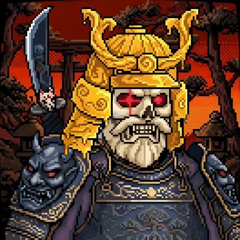 Shinigami NFT — pixel art skull samurai with golden horned helmet