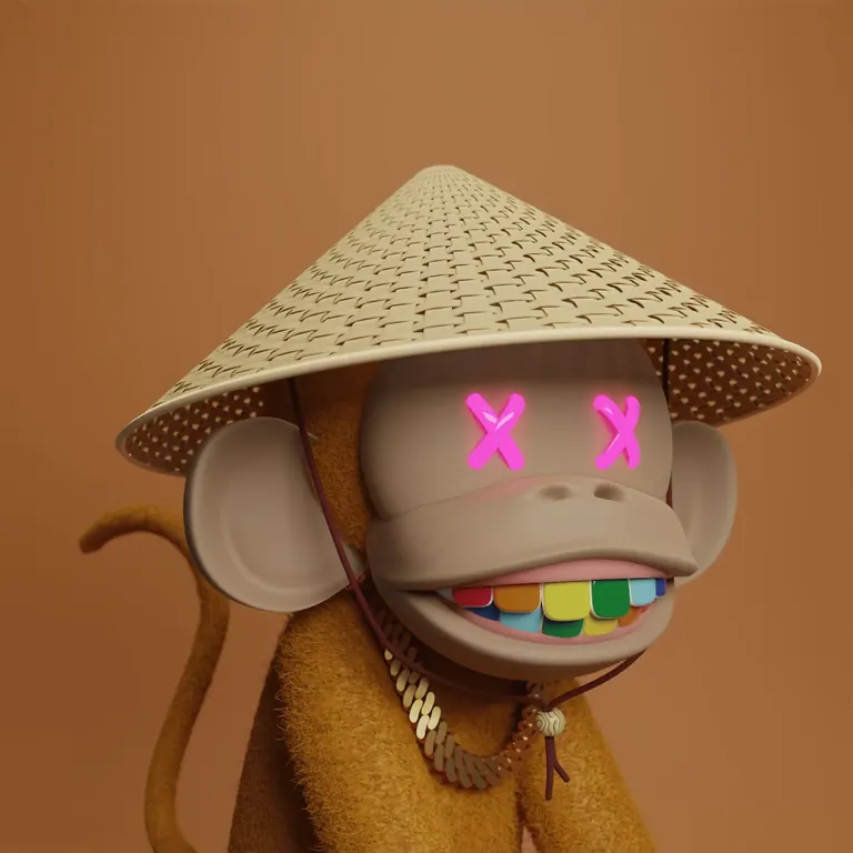Solana Monke Rejects NFT — 3D monkey with straw conical hat and pink X eyes