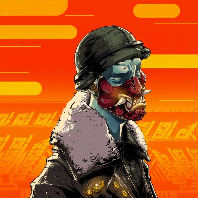Veterans NFT — masked soldier with green helmet and red oni mask on orange background